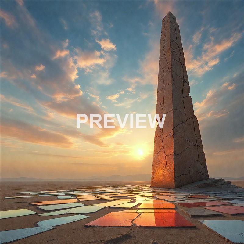 A tall, cracked stone monolith standing in a desert landscape with a colorful sky and the sun setting or rising behind it, reflected partially in the ground.
